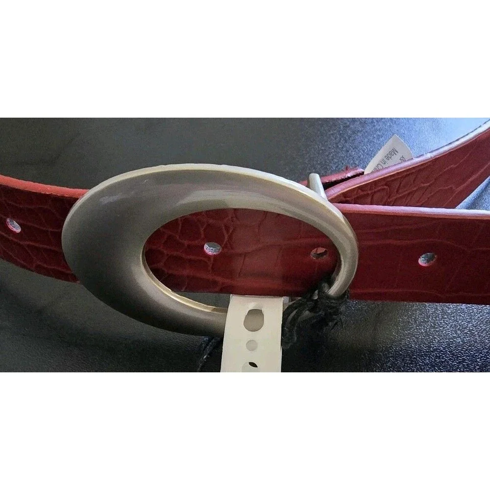 NWT Jason Wu Red Croc Embossed Genuine Leather Belt, Size L Silver Oval Buckle